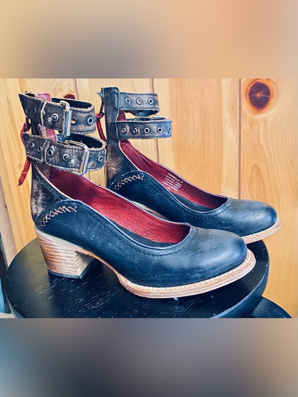 Free Bird Women's Black Leather Ankle-Strap Heel Pumps